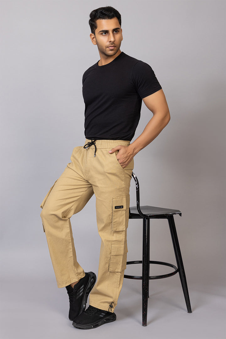 Men's Baggy Fit Drawstring Cargo Pants | Khaki, 7-Pocket Streetwear Trousers