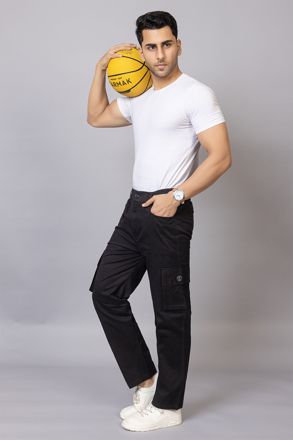 Men's Relaxed Fit 5-Pocket Black Cotton Cargo Pants | Casual Utility Trousers