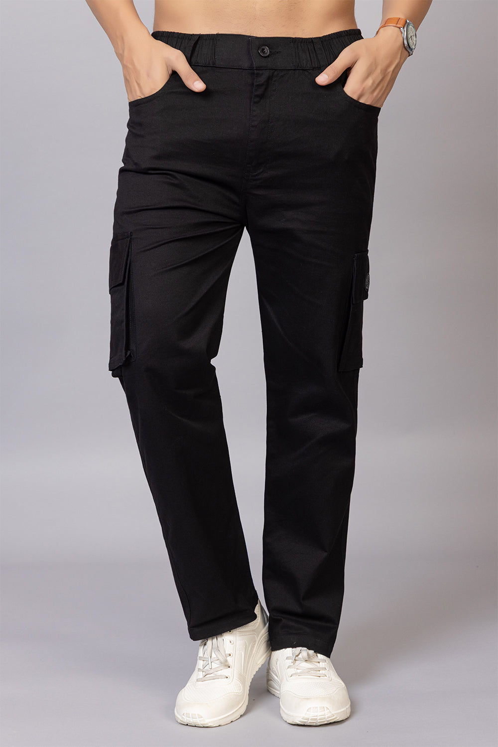 Men's Relaxed Fit 5-Pocket Black Cotton Cargo Pants | Casual Utility Trousers