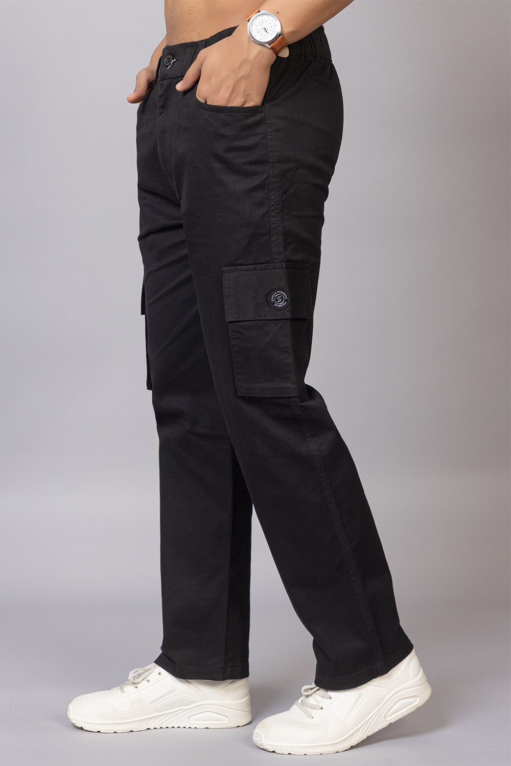 Men's Relaxed Fit 5-Pocket Black Cotton Cargo Pants | Casual Utility Trousers