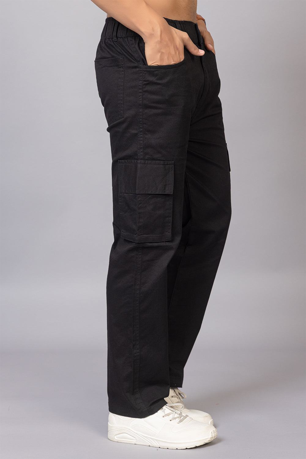 Men's Relaxed Fit 5-Pocket Black Cotton Cargo Pants | Casual Utility Trousers