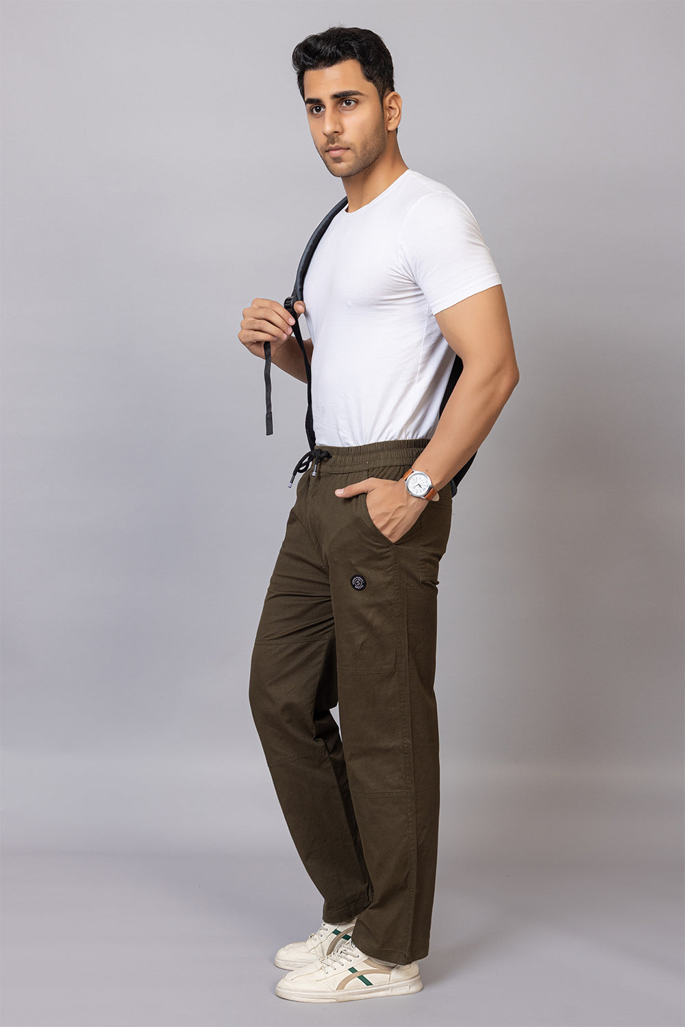Men's Straight Fit Drawstring Trousers in Olive Green