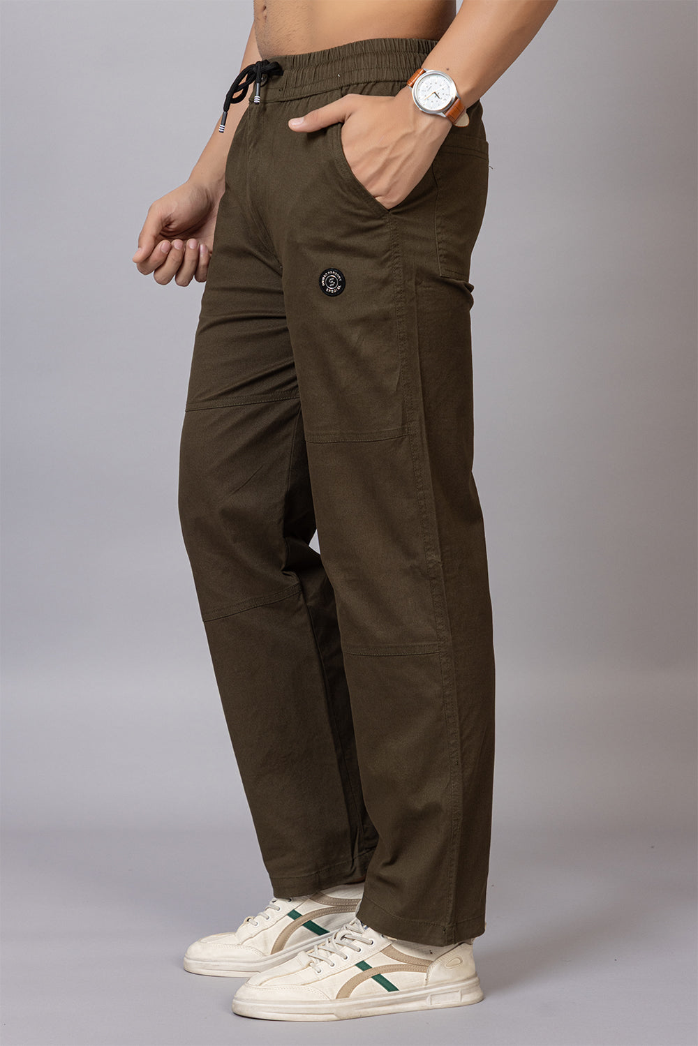 Men's Straight Fit Drawstring Trousers in Olive Green