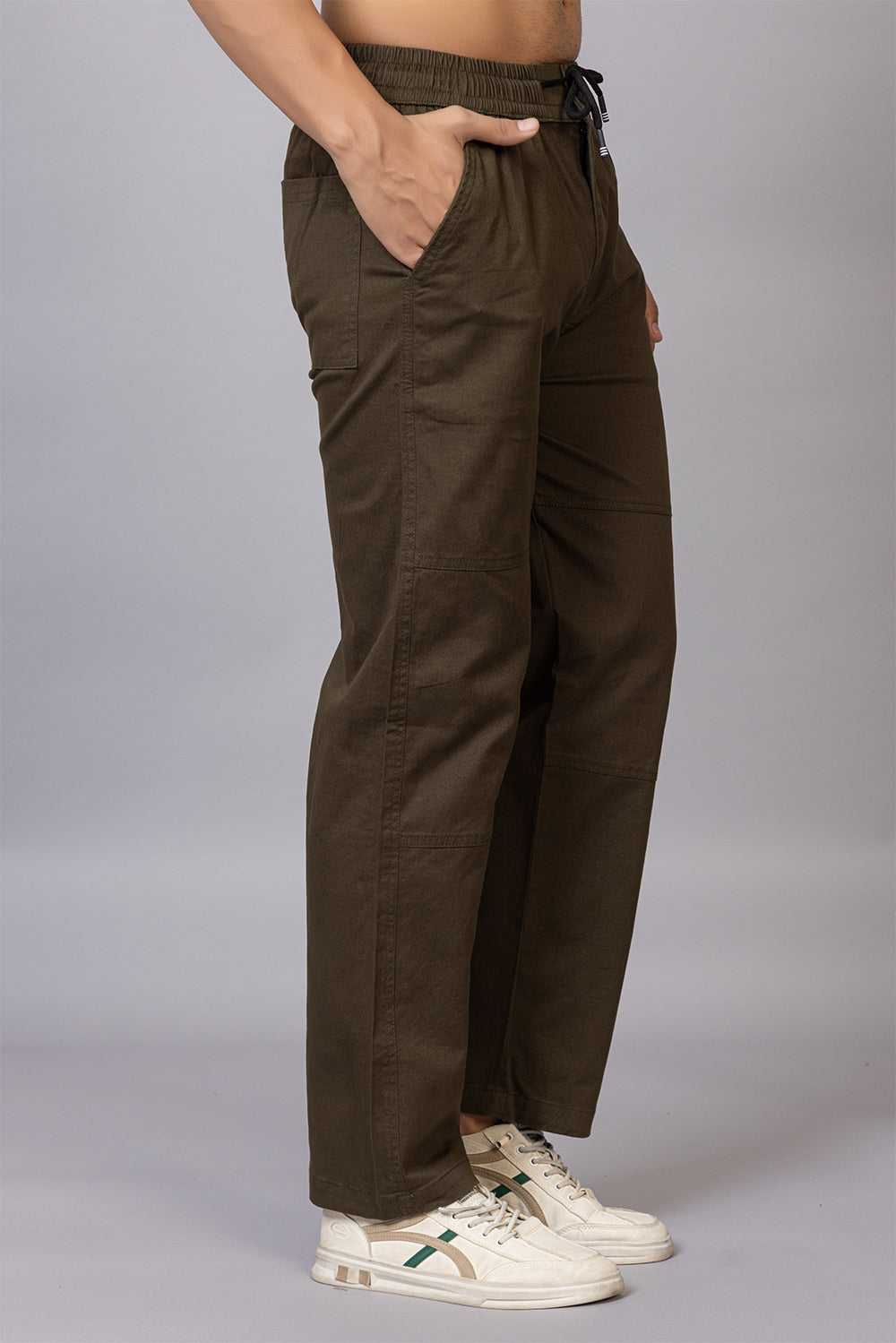 Men's Straight Fit Drawstring Trousers in Olive Green