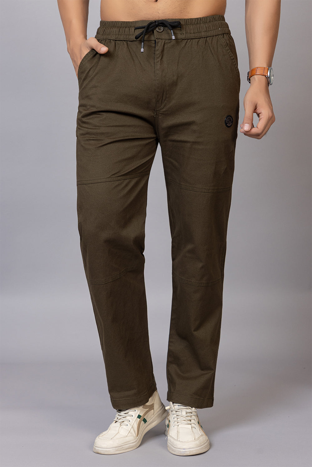 Men's Straight Fit Drawstring Trousers in Olive Green