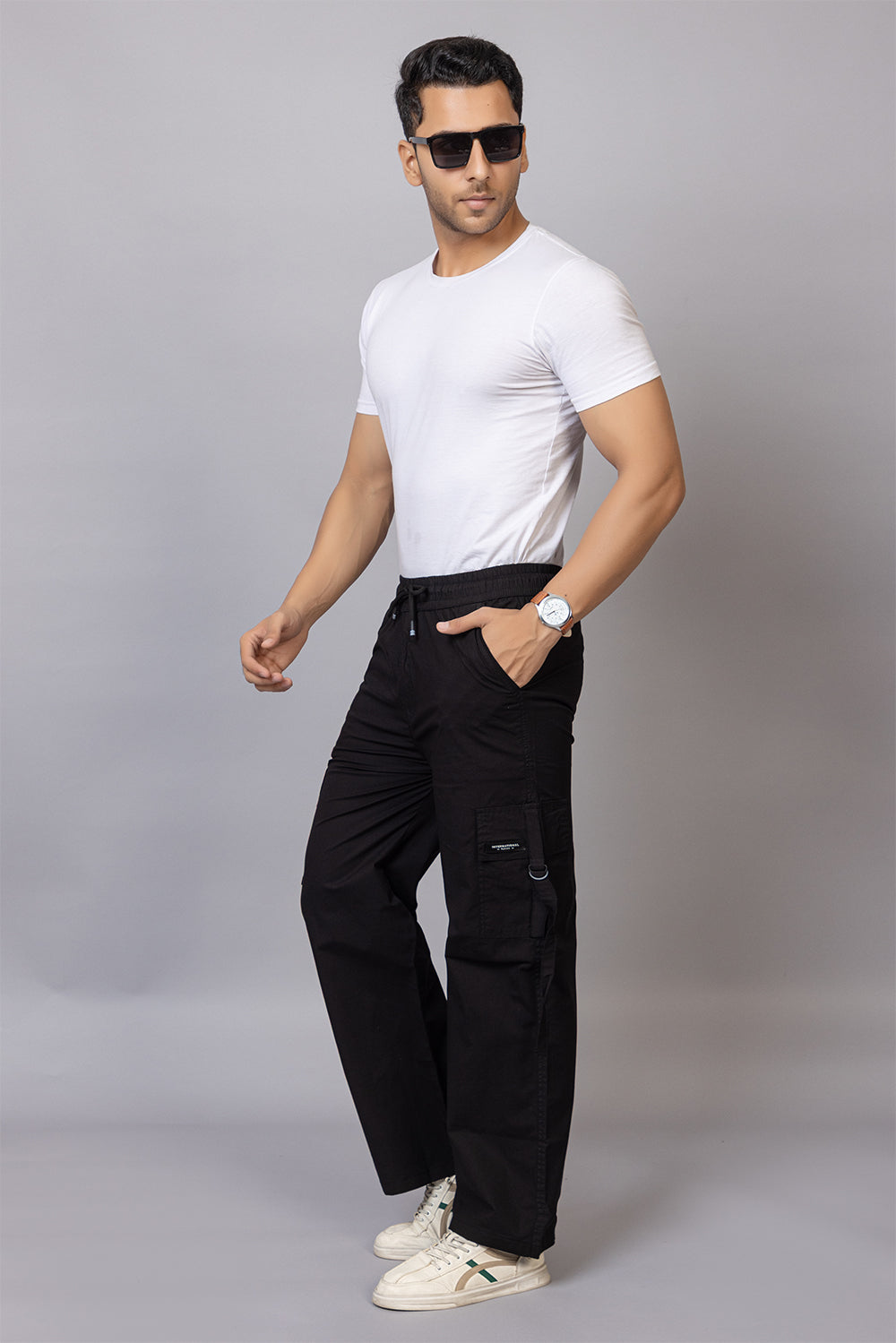 Men's Streetwear Cargo Pants with Utility Straps | Black, 5-Pocket Design