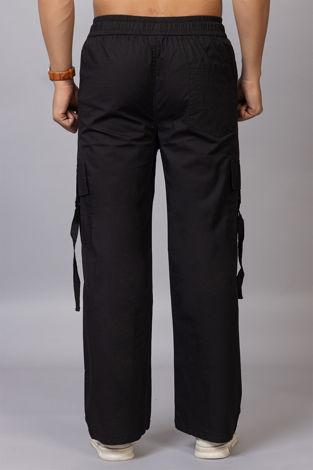 Men's Streetwear Cargo Pants with Utility Straps | Black, 5-Pocket Design