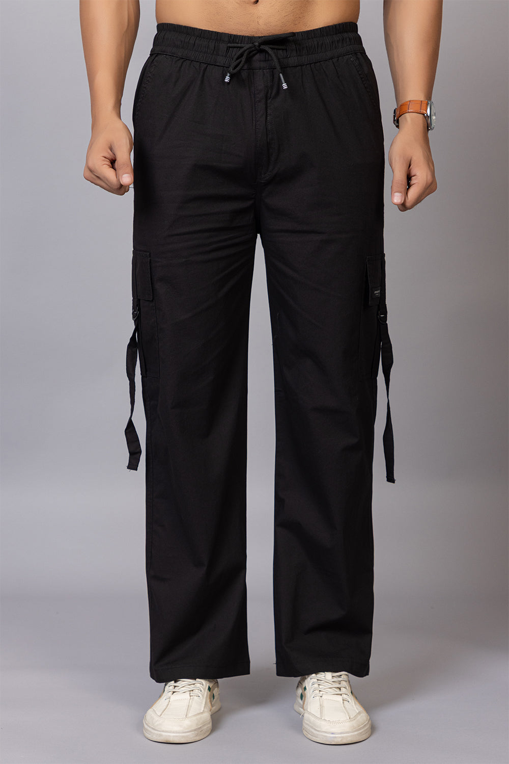 Men's Streetwear Cargo Pants with Utility Straps | Black, 5-Pocket Design