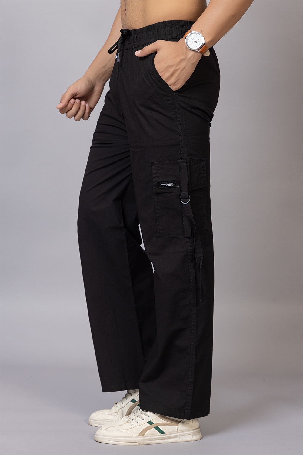 Men's Streetwear Cargo Pants with Utility Straps | Black, 5-Pocket Design