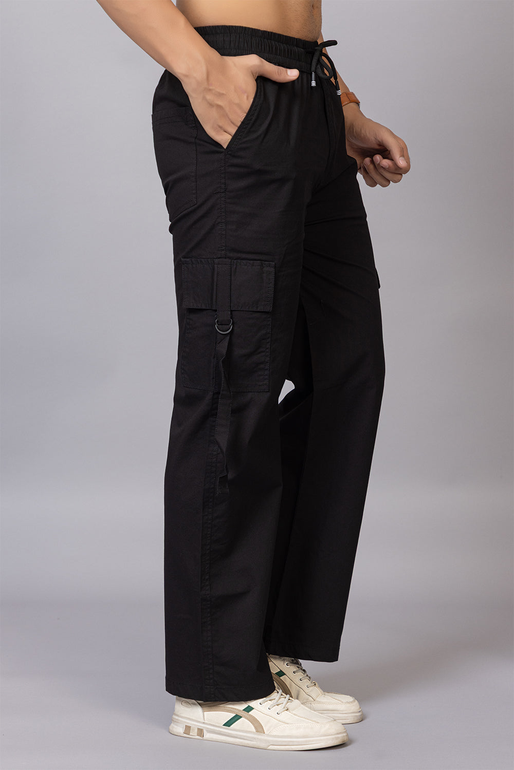 Men's Streetwear Cargo Pants with Utility Straps | Black, 5-Pocket Design