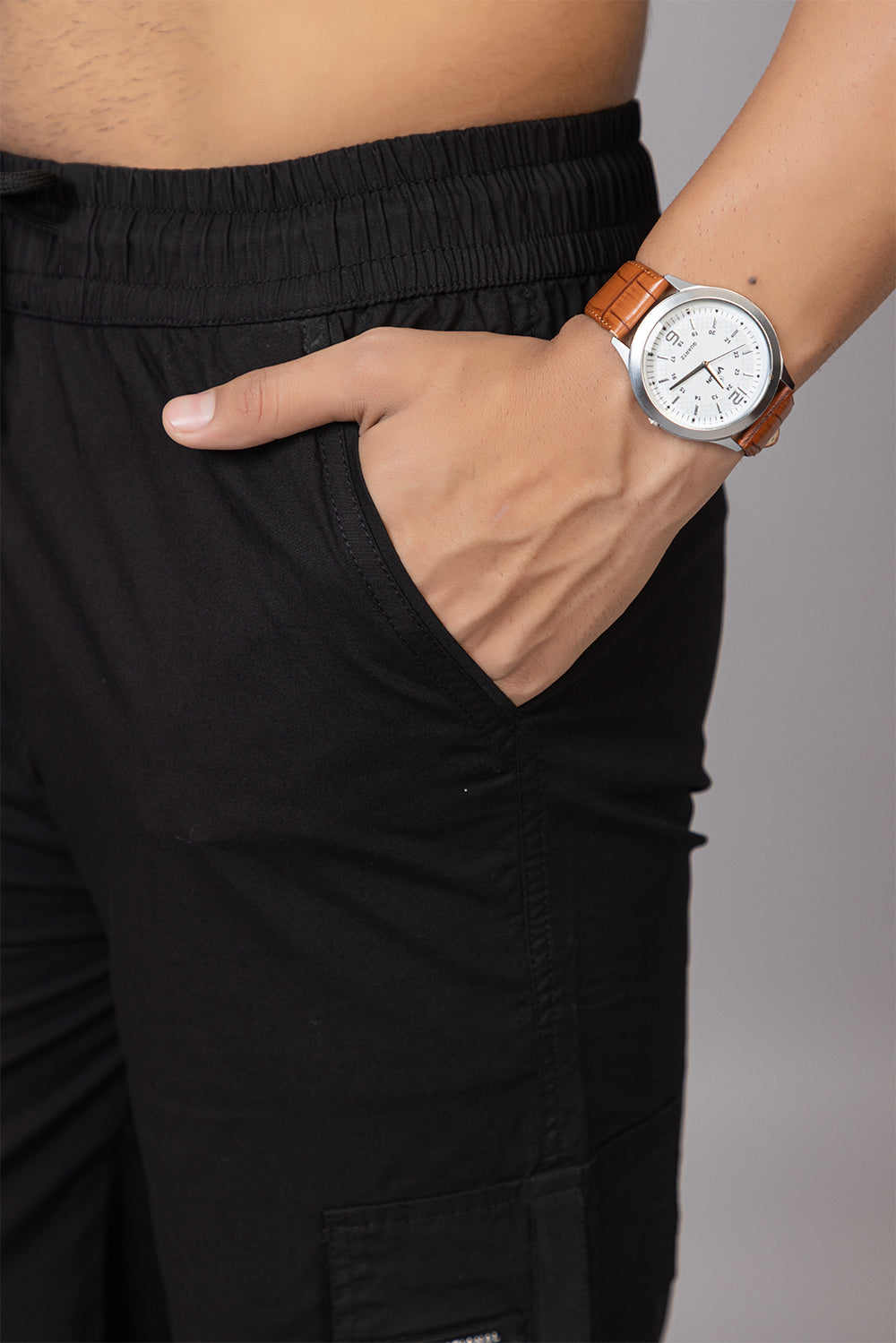 Men's Streetwear Cargo Pants with Utility Straps | Black, 5-Pocket Design