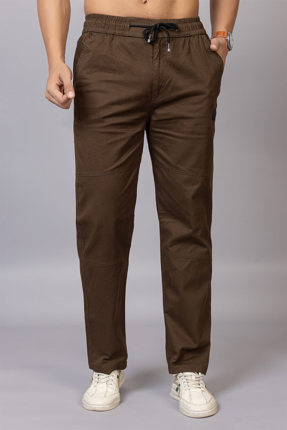 Men's Straight Fit Drawstring Trousers in Coffee Brown