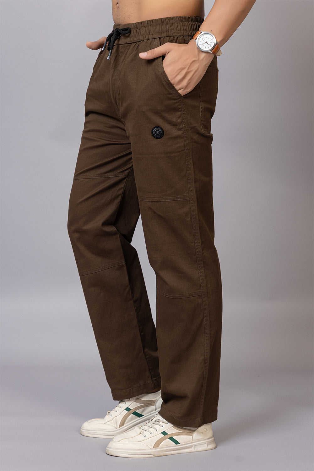 Men's Straight Fit Drawstring Trousers in Coffee Brown