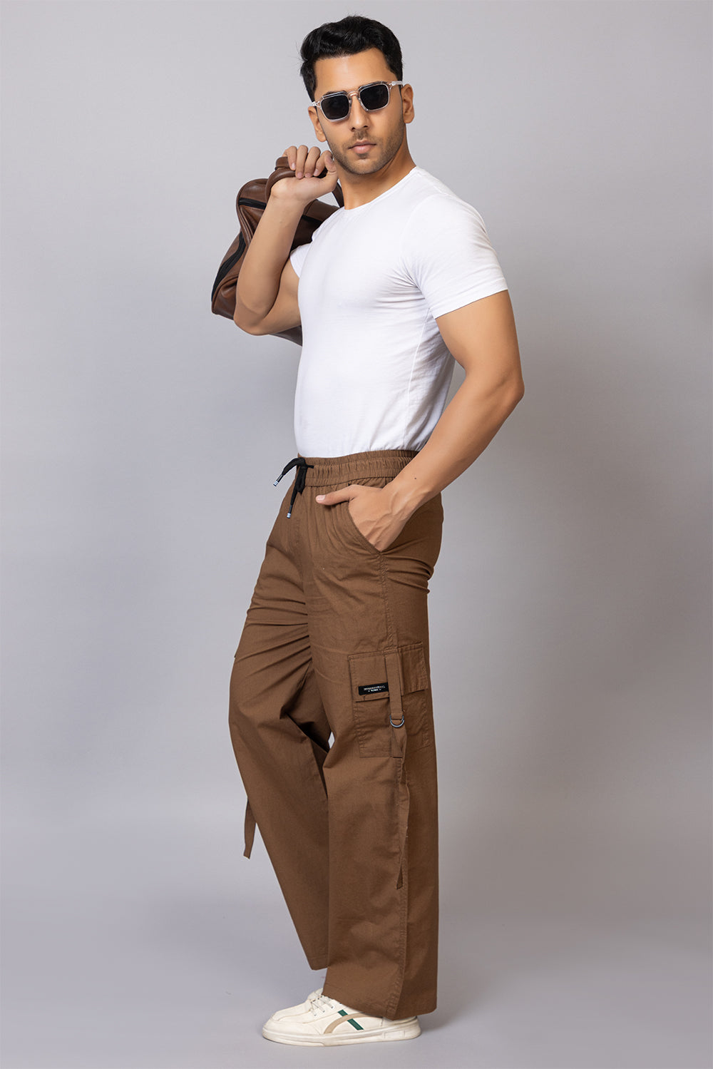 Men's Streetwear Cargo Pants with Utility Straps | Khaki Brown, 5-Pocket
