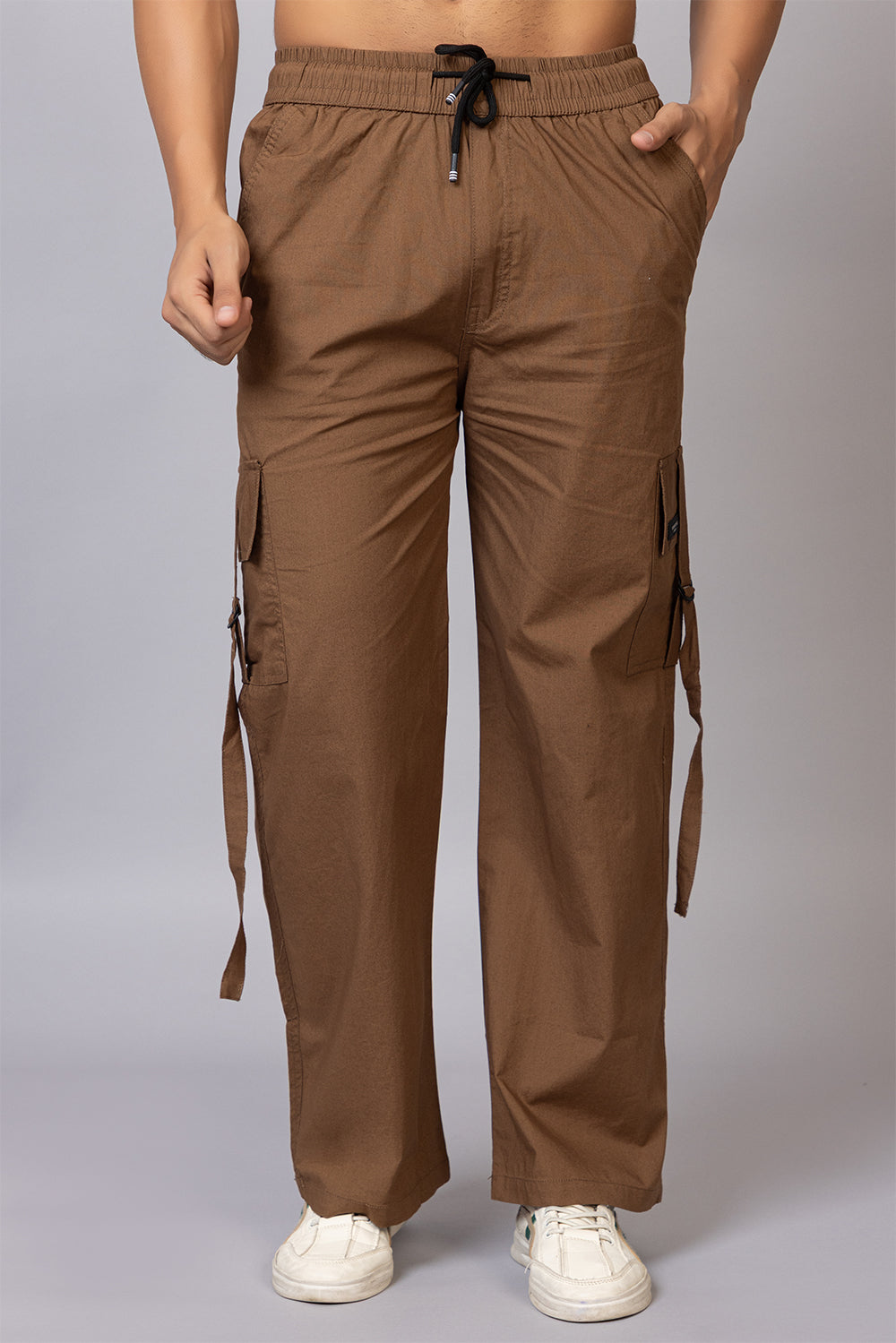 Men's Streetwear Cargo Pants with Utility Straps | Khaki Brown, 5-Pocket