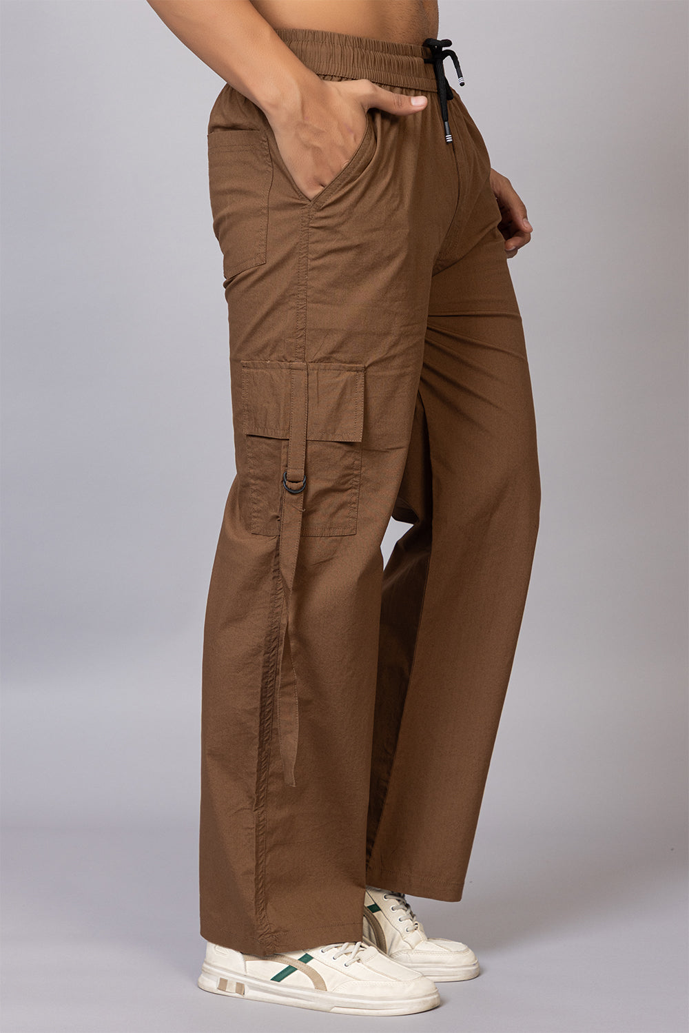 Men's Streetwear Cargo Pants with Utility Straps | Khaki Brown, 5-Pocket
