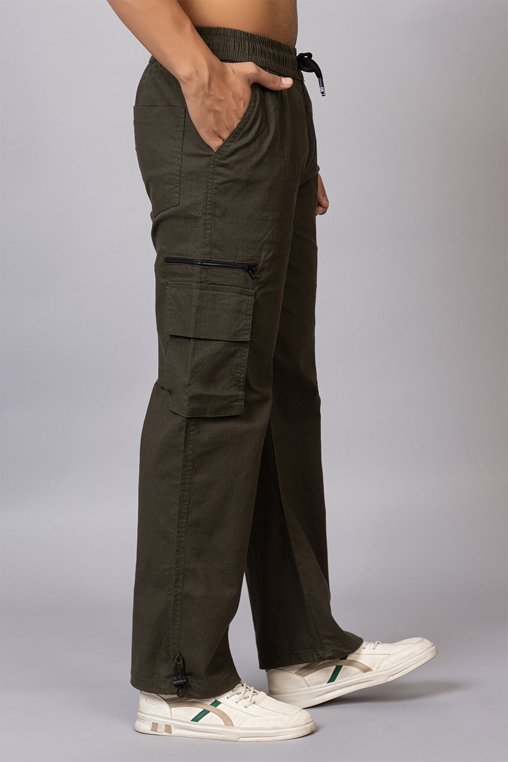 Men's Relaxed Fit Cargo Pants with Zipper Pockets | Olive Green
