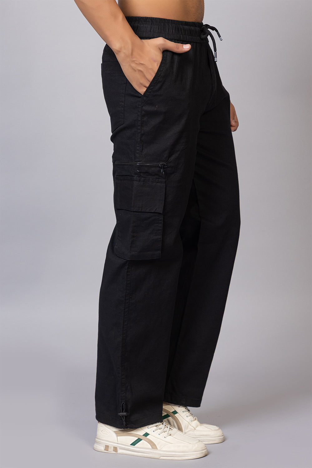 Men's Relaxed Fit Cargo Pants with Zipper Pockets | Black