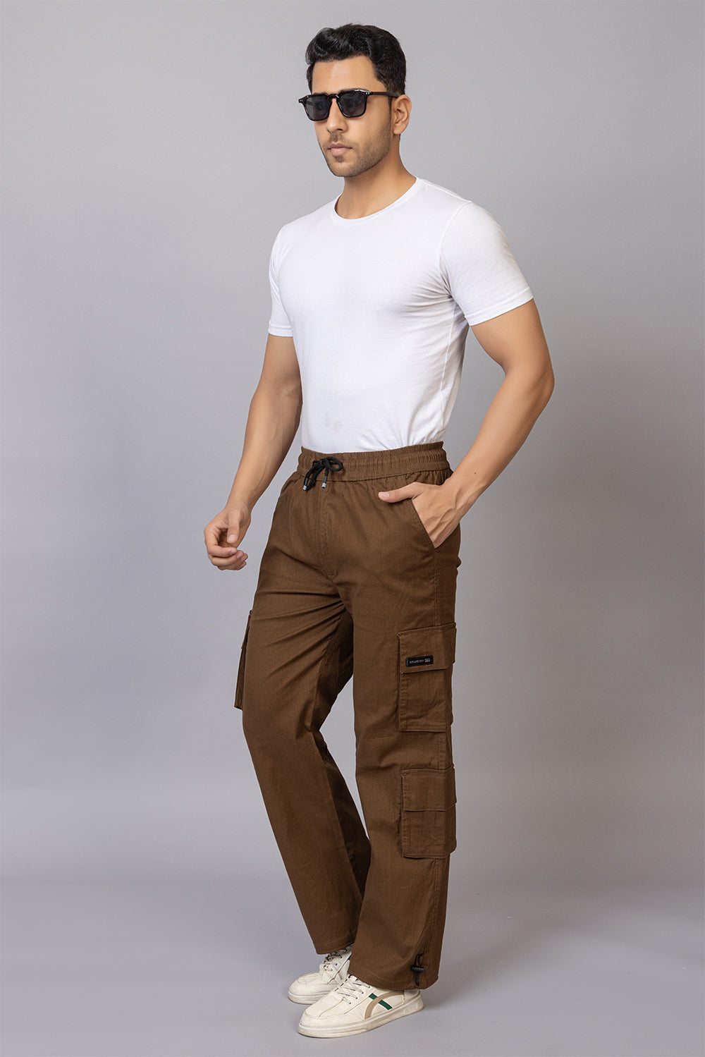 Men's Baggy Fit Drawstring Cargo Pants | Brown, 7-Pocket Streetwear Trousers