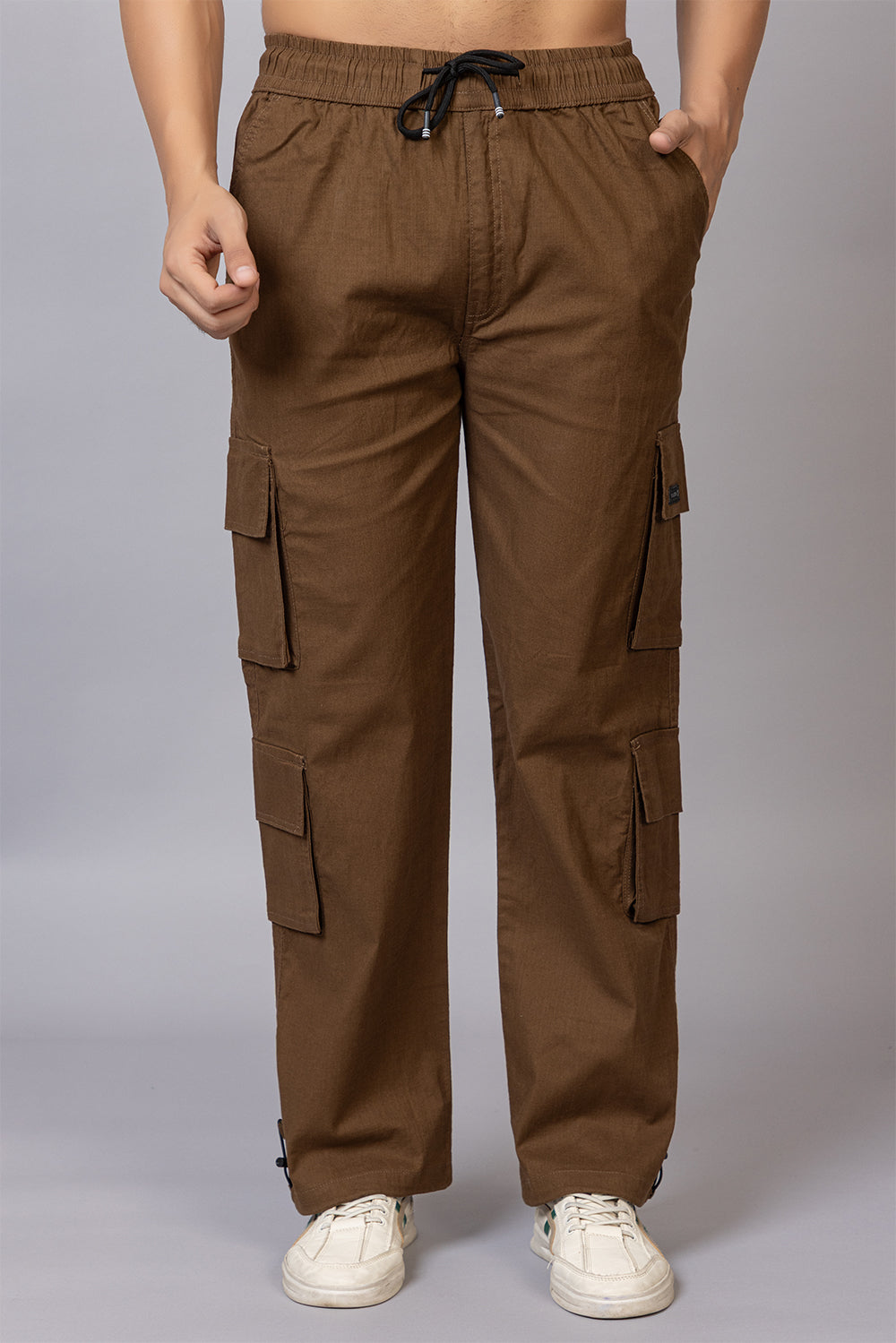 Men's Baggy Fit Drawstring Cargo Pants | Brown, 7-Pocket Streetwear Trousers