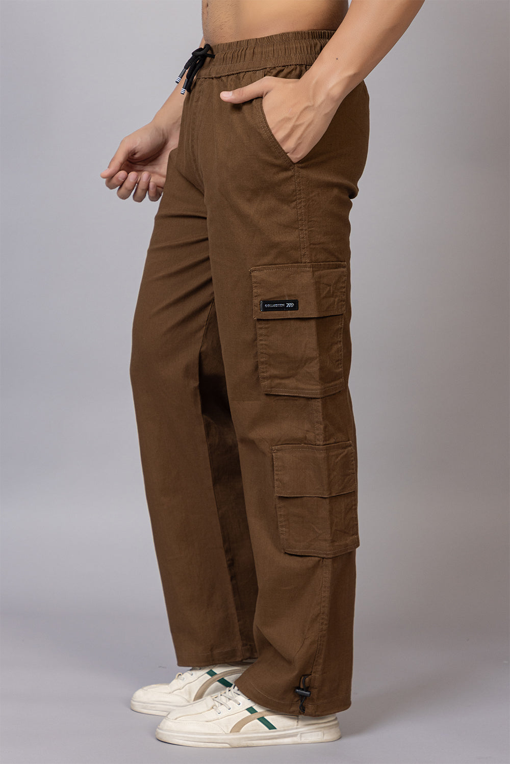Men's Baggy Fit Drawstring Cargo Pants | Brown, 7-Pocket Streetwear Trousers