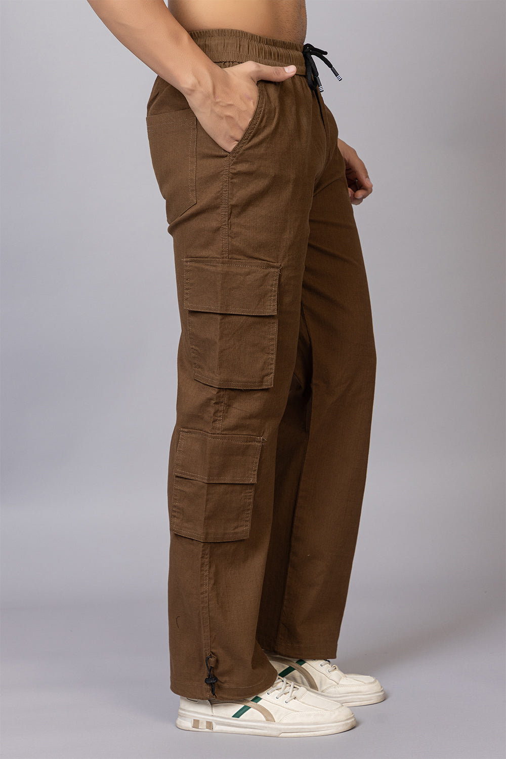 Men's Baggy Fit Drawstring Cargo Pants | Brown, 7-Pocket Streetwear Trousers