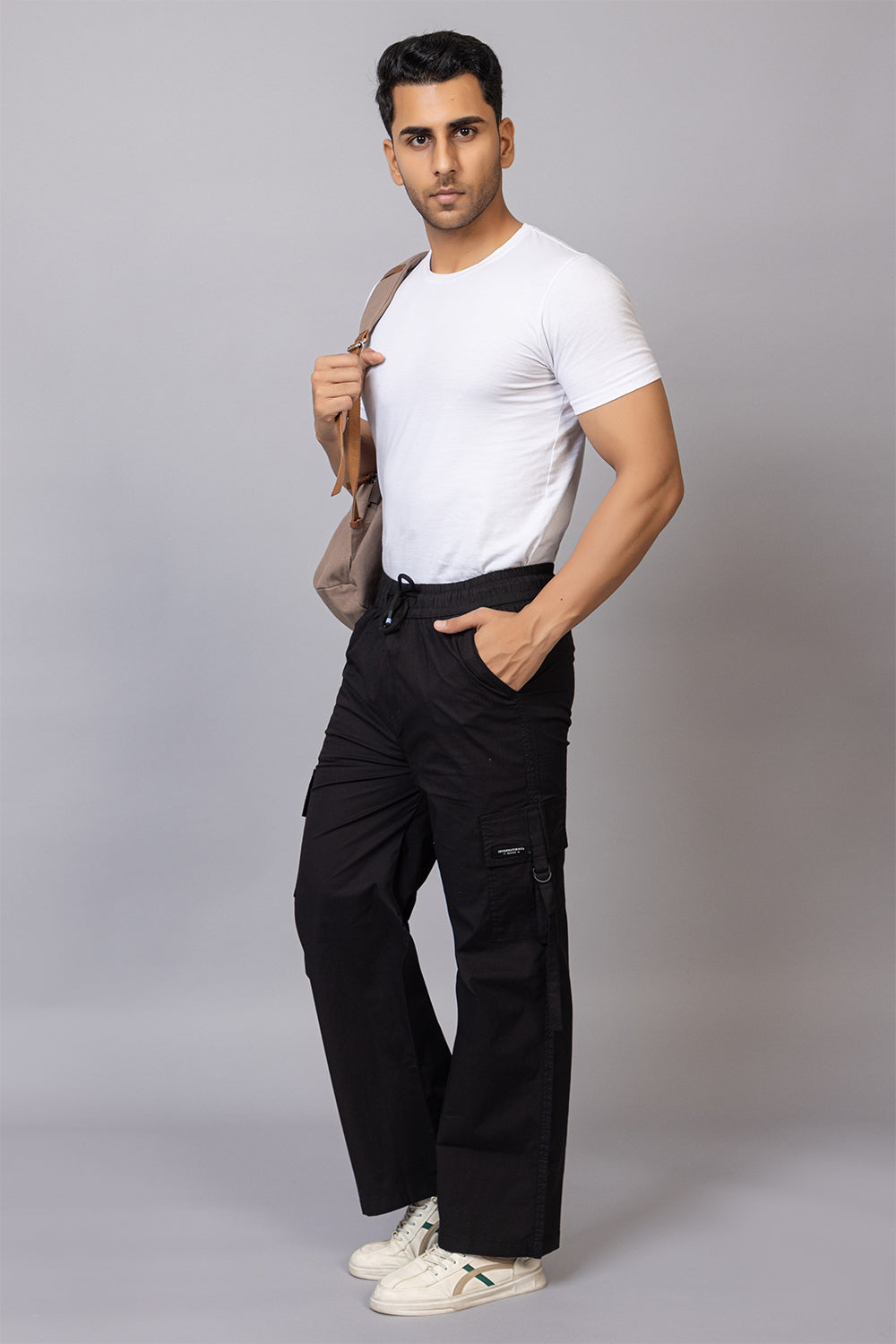 Men's Streetwear Cargo Pants with Utility Straps | Black, 5-Pocket Design