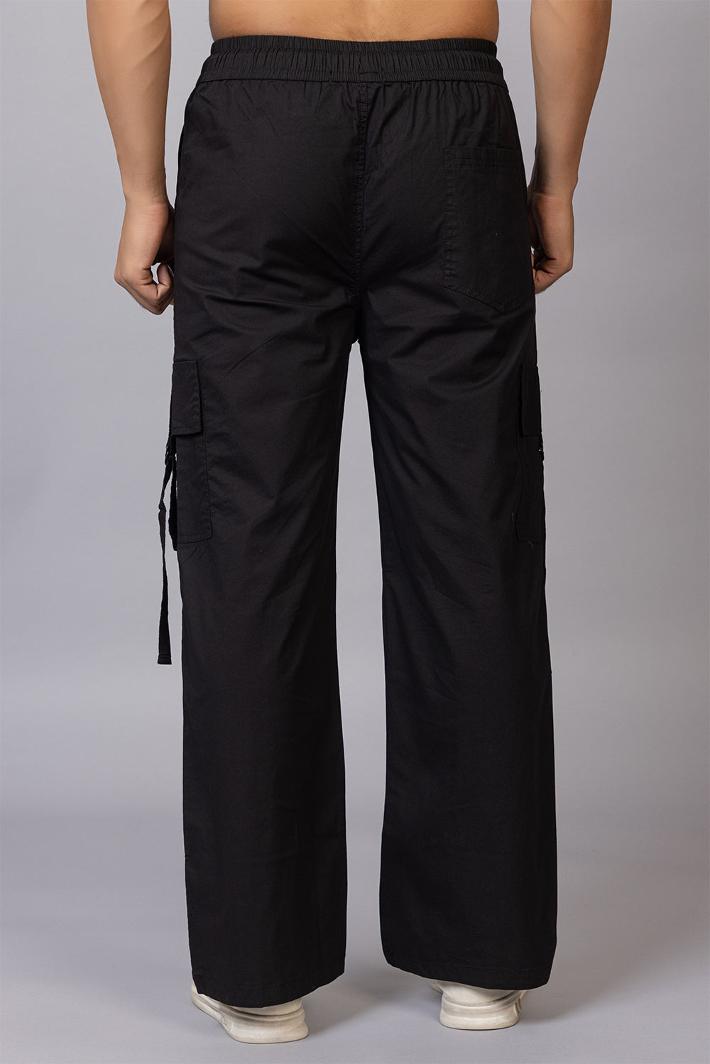 Men's Streetwear Cargo Pants with Utility Straps | Black, 5-Pocket Design