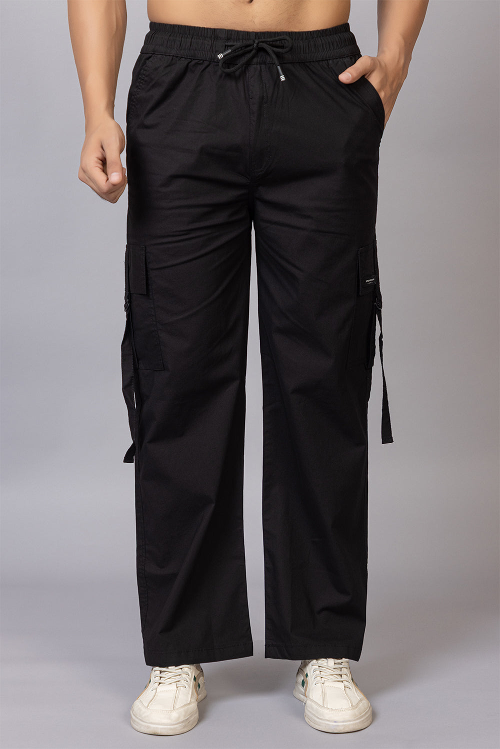 Men's Streetwear Cargo Pants with Utility Straps | Black, 5-Pocket Design