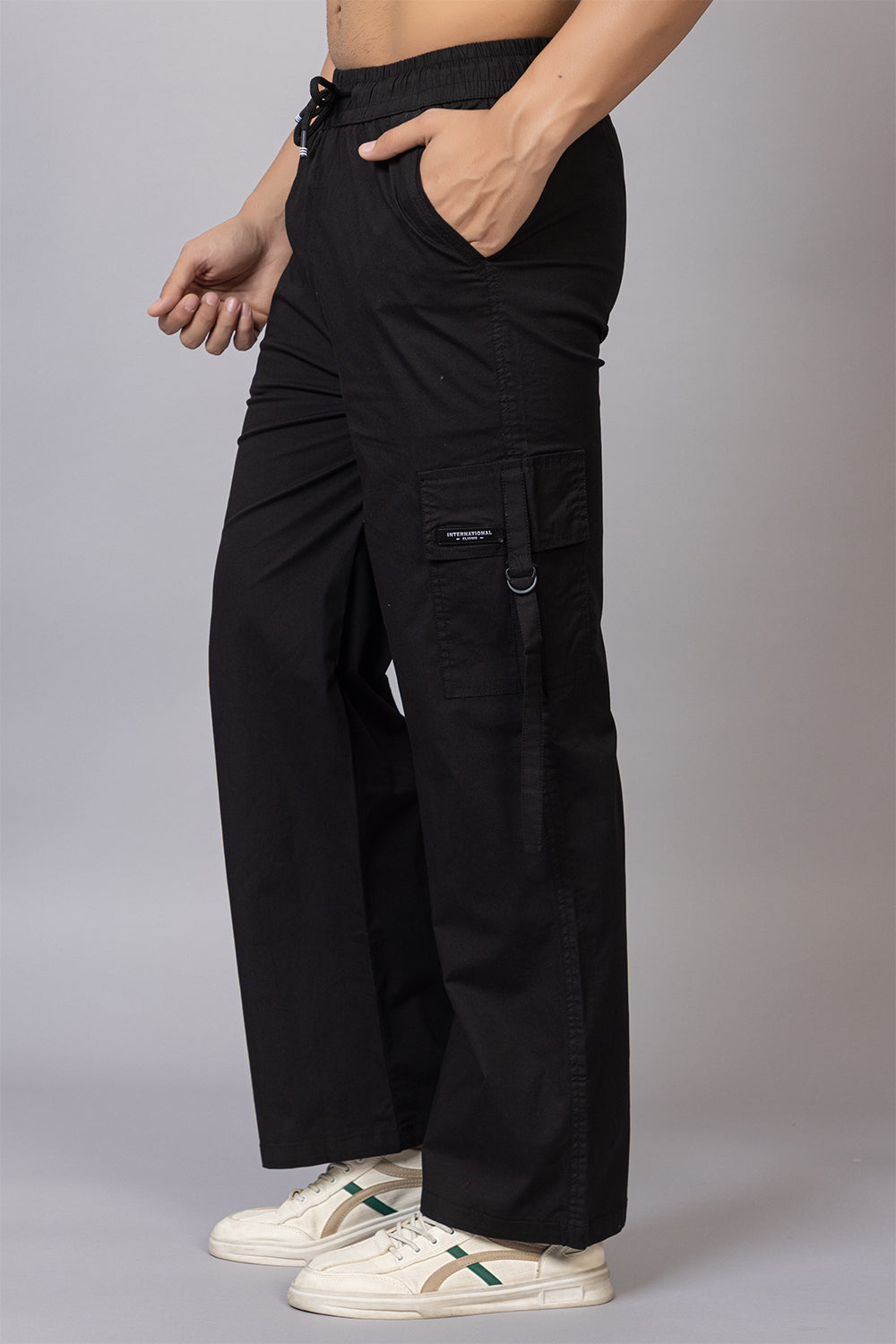 Men's Streetwear Cargo Pants with Utility Straps | Black, 5-Pocket Design