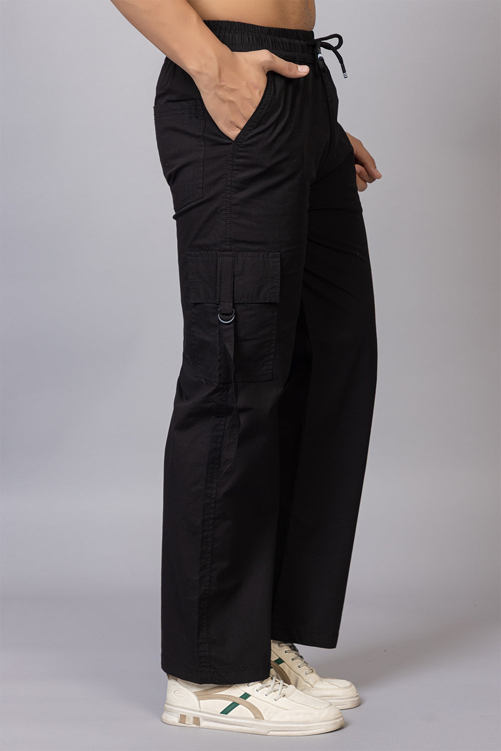 Men's Streetwear Cargo Pants with Utility Straps | Black, 5-Pocket Design