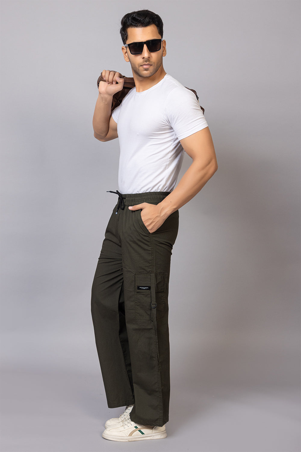 Men's Streetwear Cargo Pants with Utility Straps | Olive Green, 5-Pocket