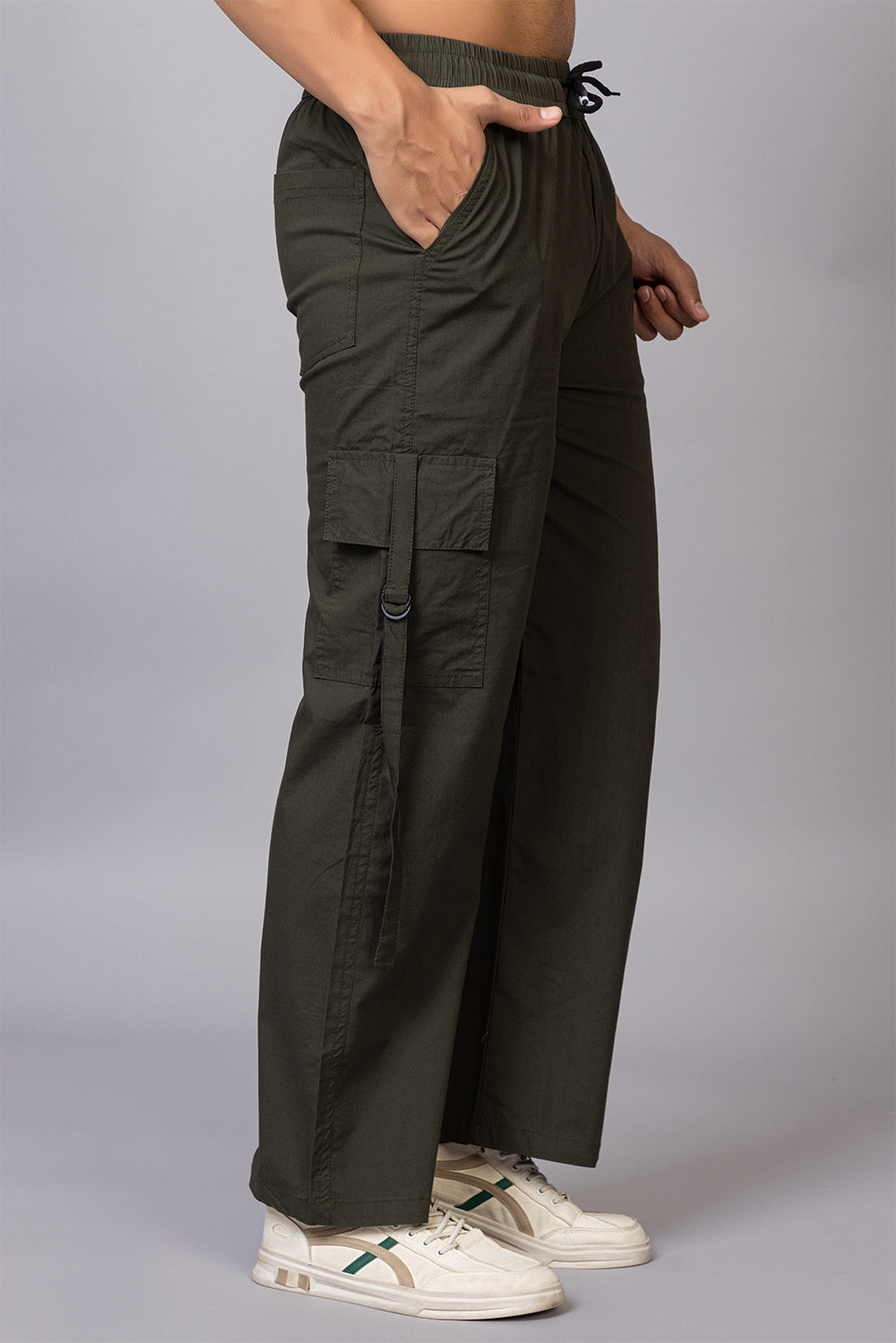 Men's Streetwear Cargo Pants with Utility Straps | Olive Green, 5-Pocket