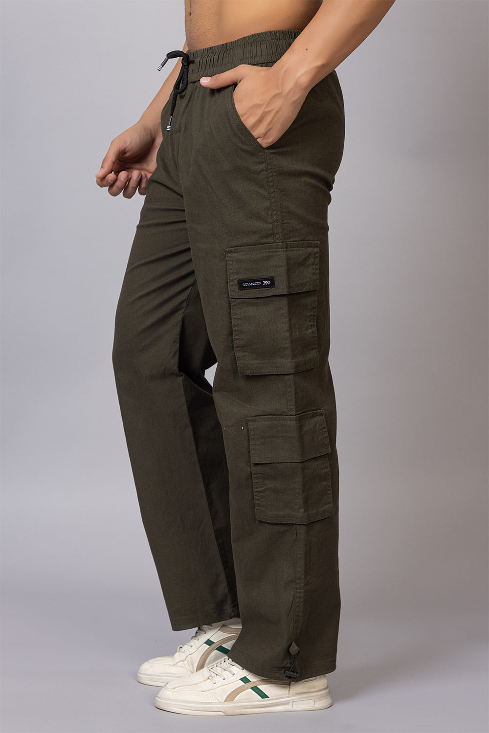 Men's Baggy Fit Drawstring Cargo Pants | Olive Green, 7-Pocket