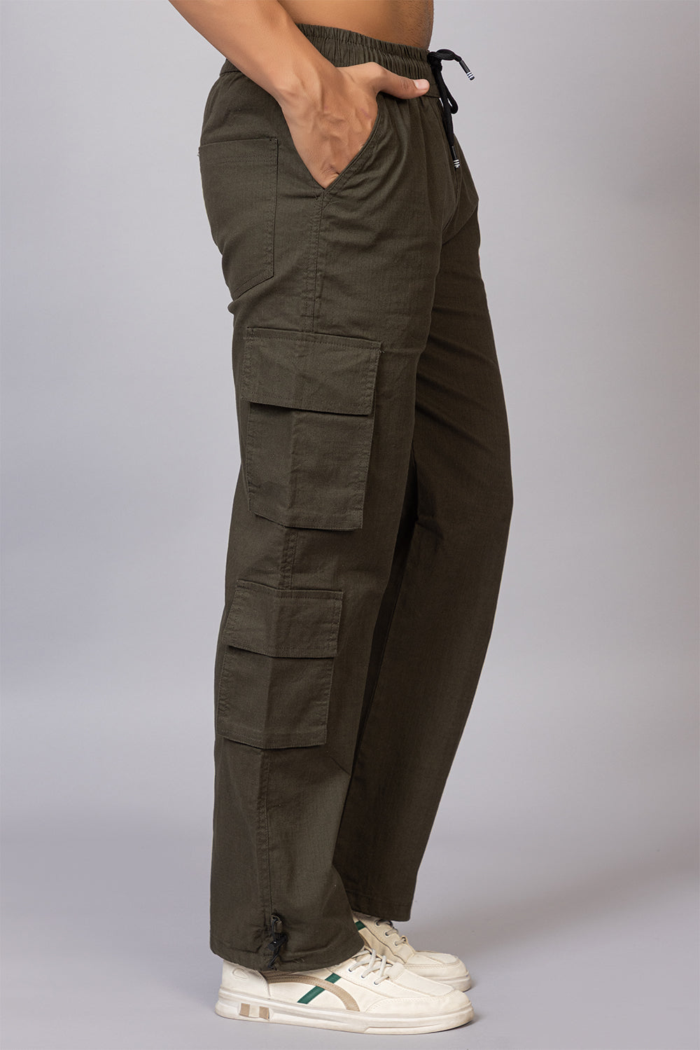 Men's Baggy Fit Drawstring Cargo Pants | Olive Green, 7-Pocket
