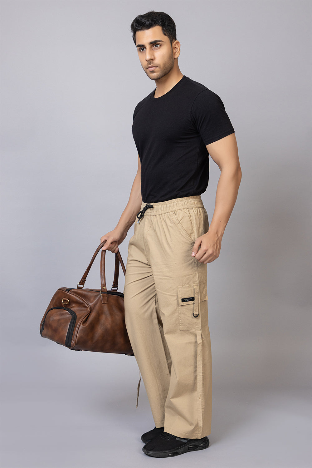 Men's Streetwear Cargo Pants with Side Slits | Khaki, 5-Pocket Design