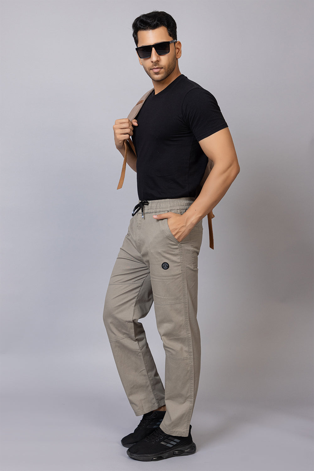 Men's Straight Fit Drawstring Trousers in Light Grey