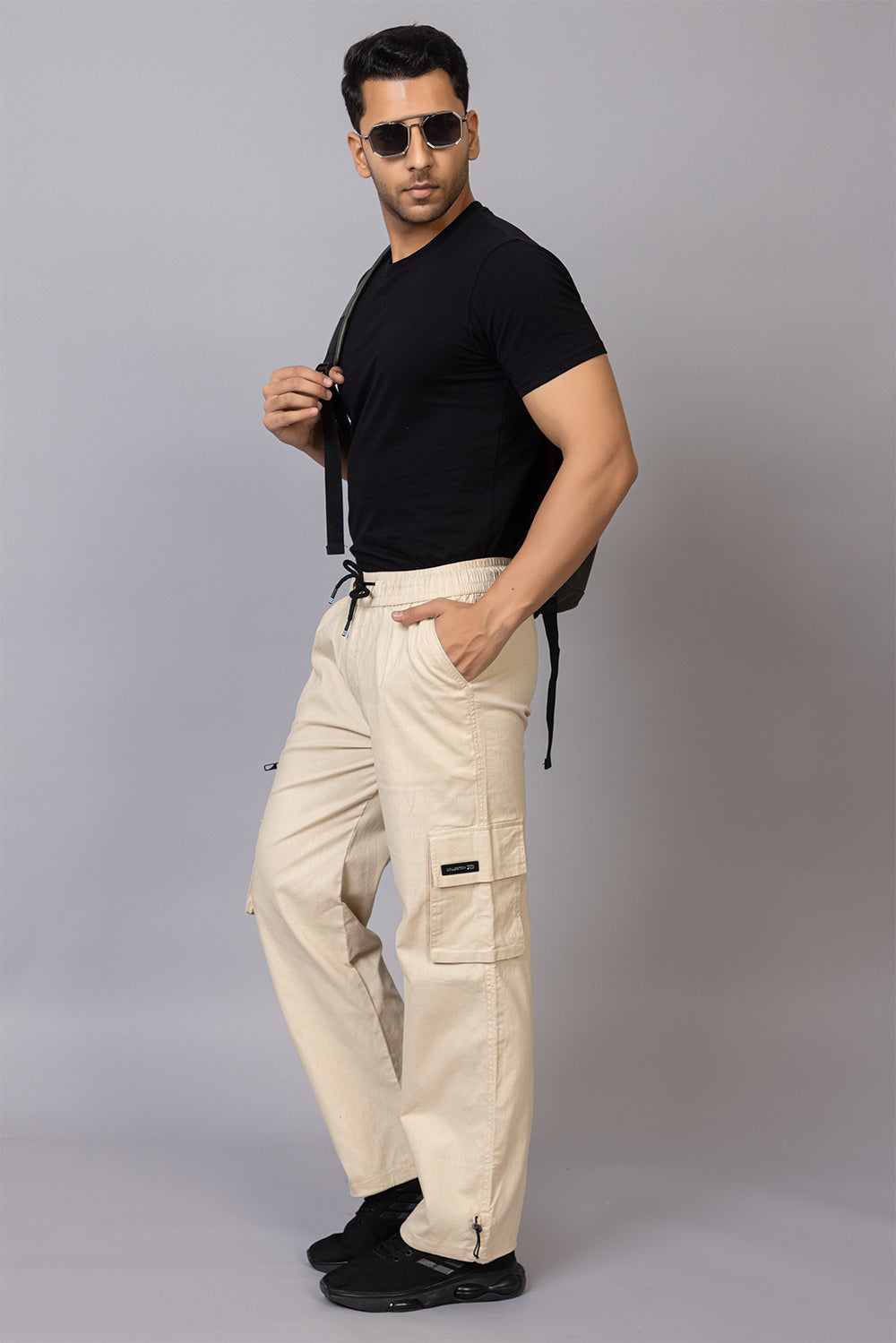 Men's Relaxed Fit Cargo Pants with Zipper Pockets | Cream