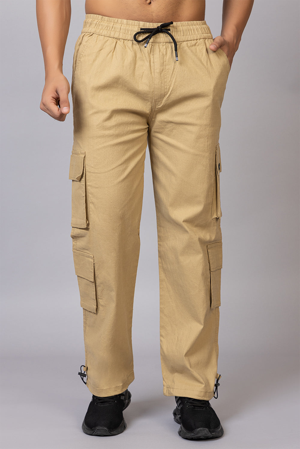 Men's Baggy Fit Drawstring Cargo Pants | Khaki, 7-Pocket Streetwear Trousers