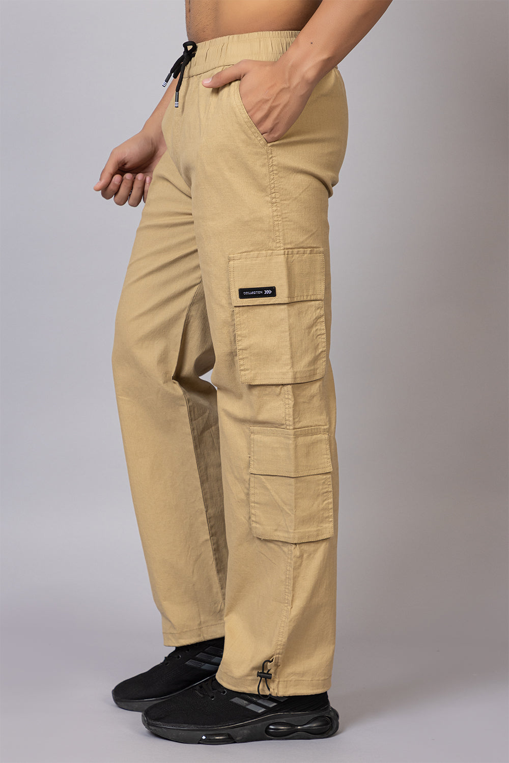 Men's Baggy Fit Drawstring Cargo Pants | Khaki, 7-Pocket Streetwear Trousers