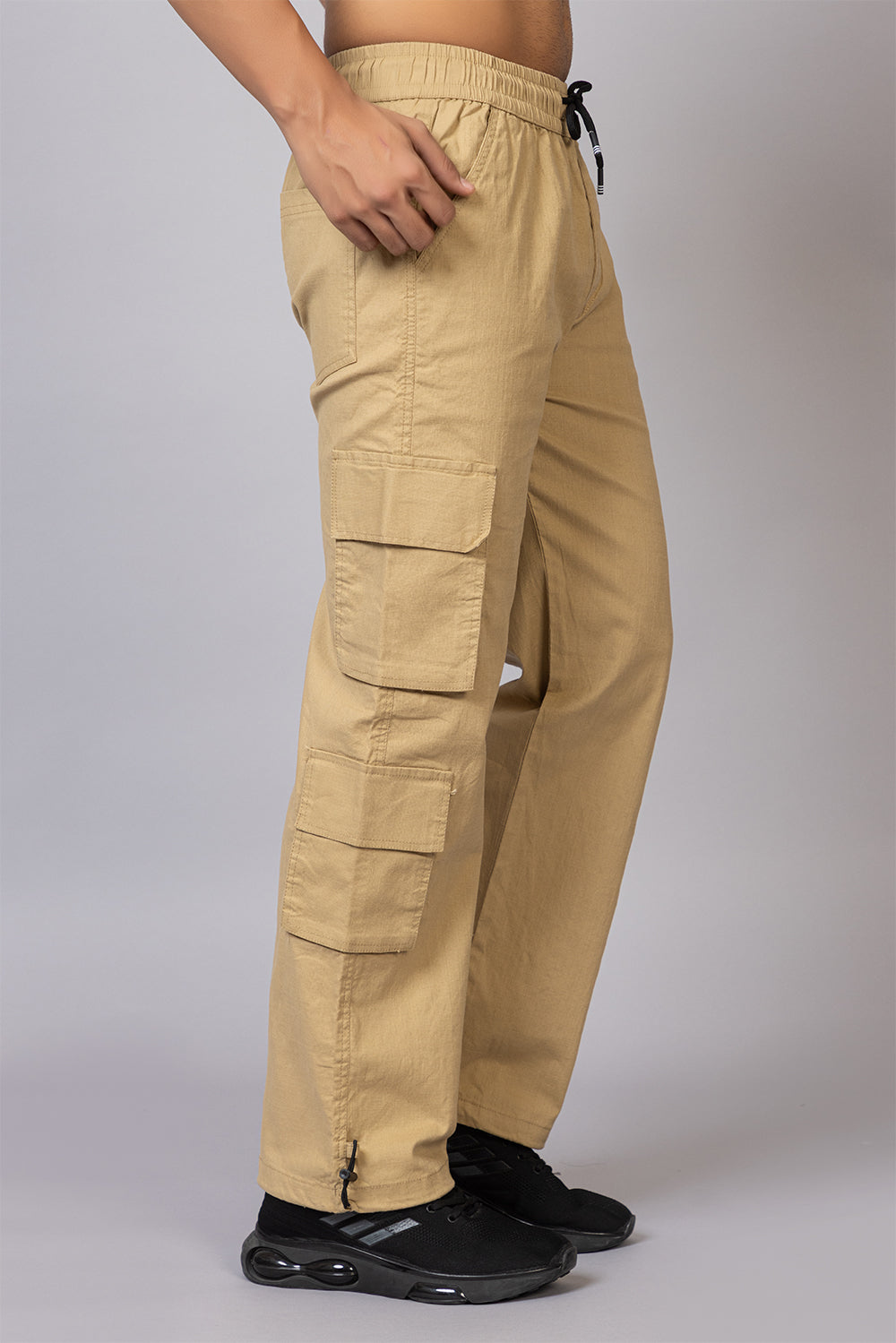 Men's Baggy Fit Drawstring Cargo Pants | Khaki, 7-Pocket Streetwear Trousers