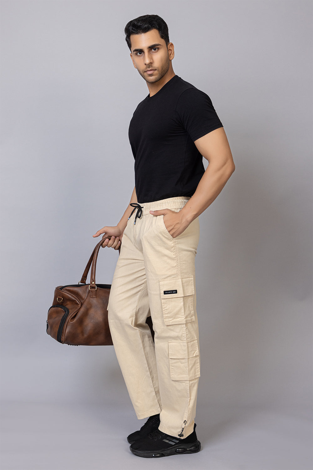 Men's Baggy Fit Drawstring Cargo Pants | Cream, 7-Pocket Streetwear Trousers