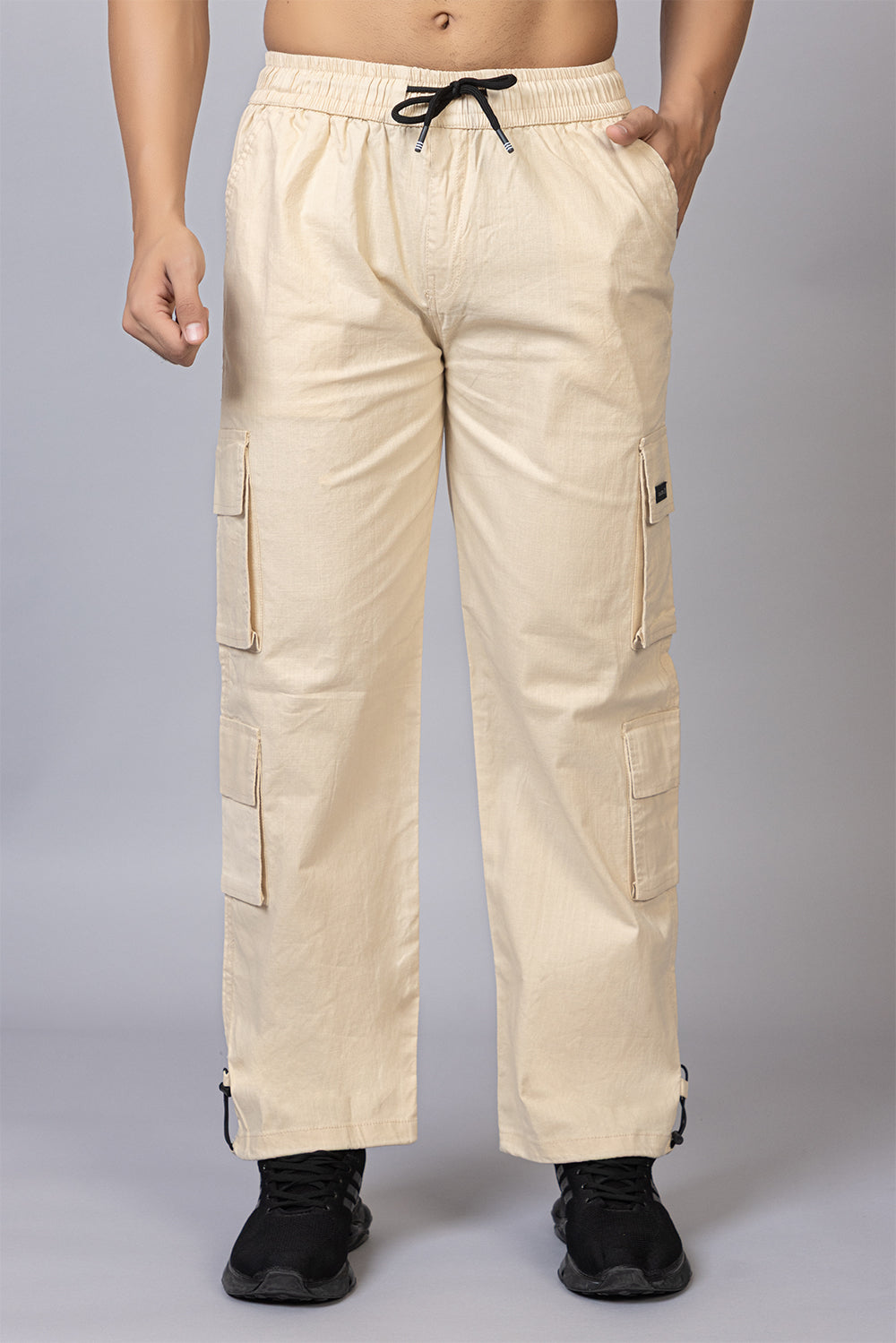 Men's Baggy Fit Drawstring Cargo Pants | Cream, 7-Pocket Streetwear Trousers