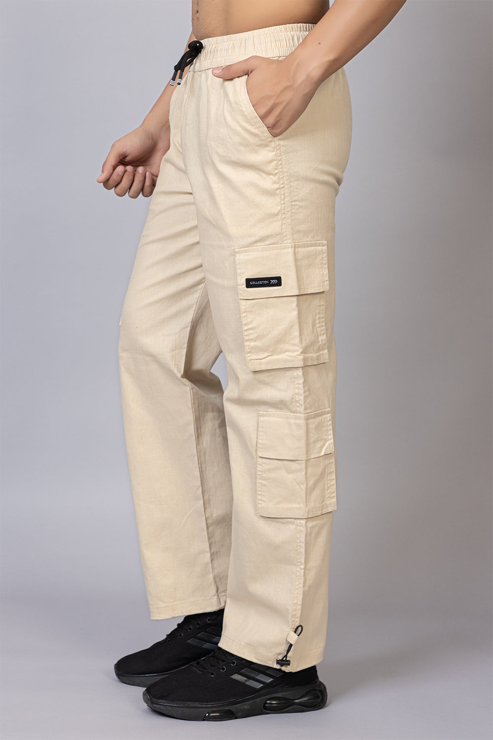 Men's Baggy Fit Drawstring Cargo Pants | Cream, 7-Pocket Streetwear Trousers