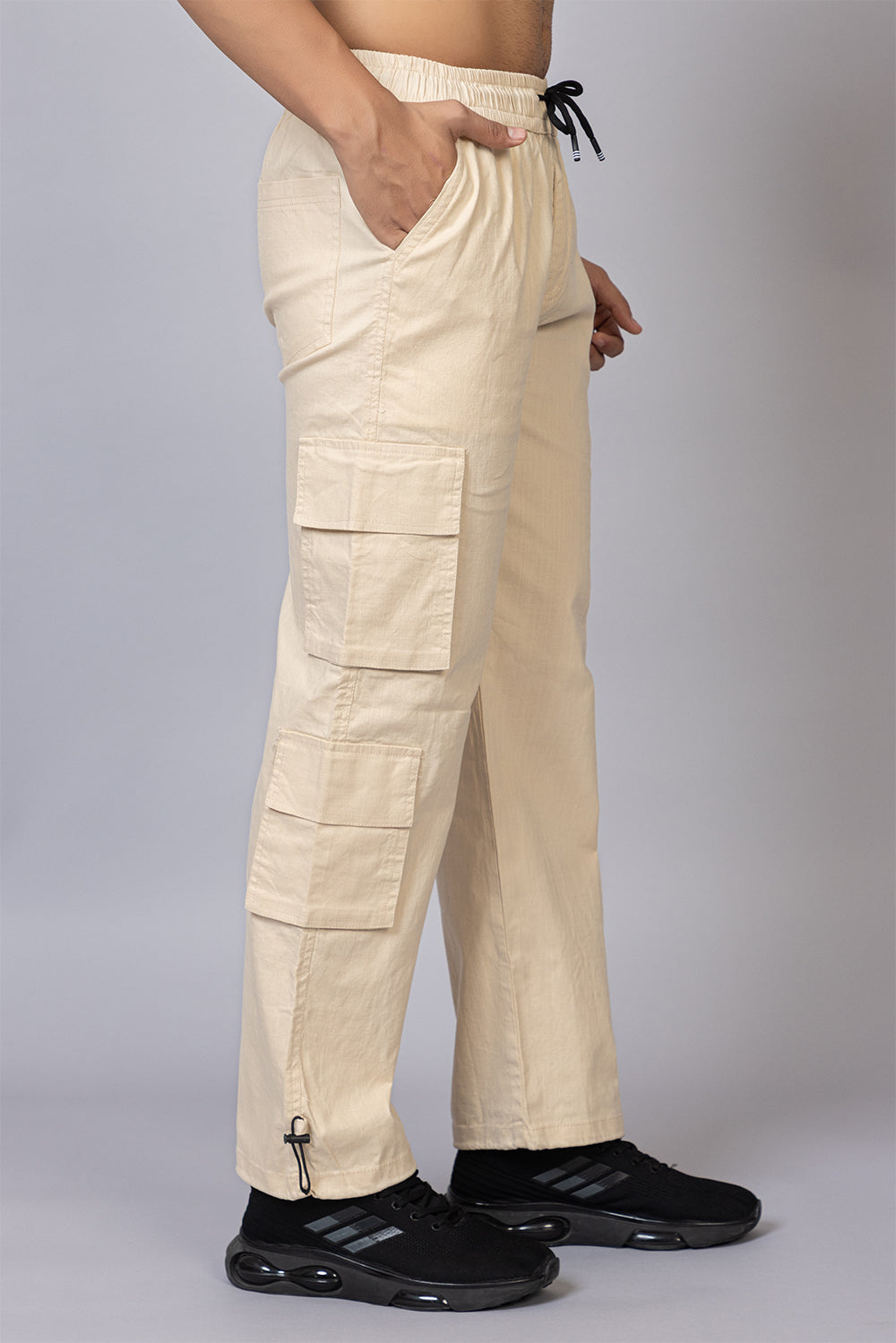 Men's Baggy Fit Drawstring Cargo Pants | Cream, 7-Pocket Streetwear Trousers